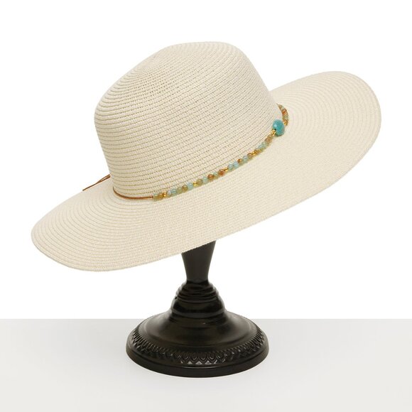 Paper Raffia Hat Cream White Gemstone Accent Brim Pool Beach Cruise Summer NWT - Picture 1 of 4
